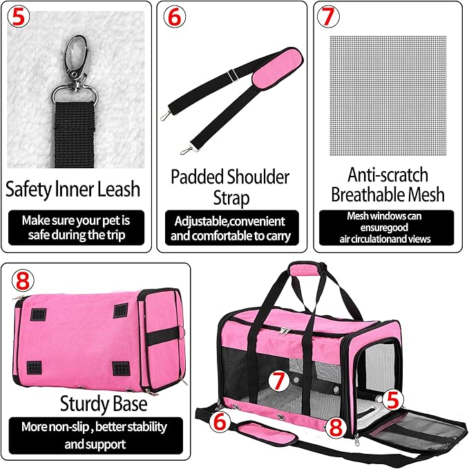 Soft Sided Cat/Dog Carrier,Collapsible Pets Travel Carriers for Pet/Puppy with Shoulder Strap & Removable Mat,Mesh Top Load Small Dogs/Cats Carry Bag Up to 17 Lbs TSA Airline Approved(Pink,M)