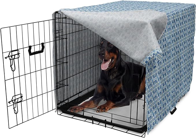 Lunarable Yellow and Blue Dog Crate Cover, Portuguese Traditional Tiles Abstract Mosaic Floral Swirl Motifs, Easy to Use Pet Kennel Cover for Medium Large Dogs, 42 Inch, Blue Orange Yellow