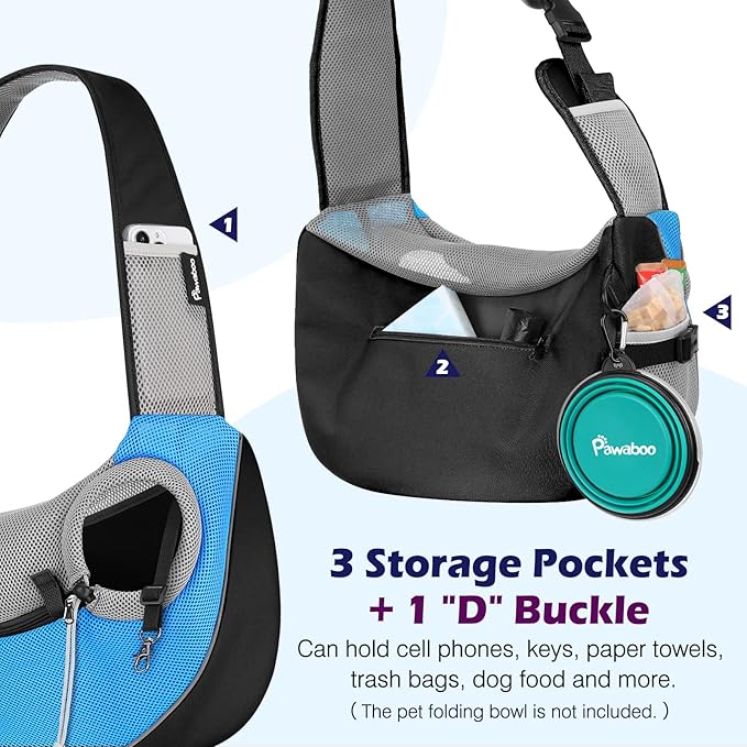 Pawaboo Pet Dog Sling Carrier, Hand Free Drawstring Dog Papoose with Adjustable Strap, Breathable Mesh Bag for Puppy Cat, Crossbody Satchel Dog Purse with Pocket for Outdoor Travel, Light Blue, Large