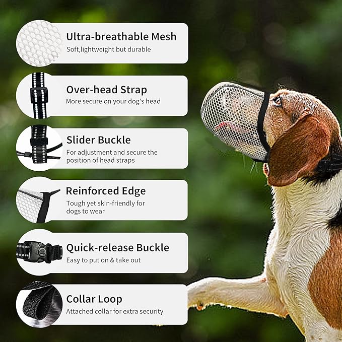 Dog Muzzle, Breathable Soft Muzzle for Small to Medium Dogs to Anti & Prevent Barking Biting Chewing, Reflective & Adjustable Basket Muzzle with Air Mesh for Schnauzer Beige M