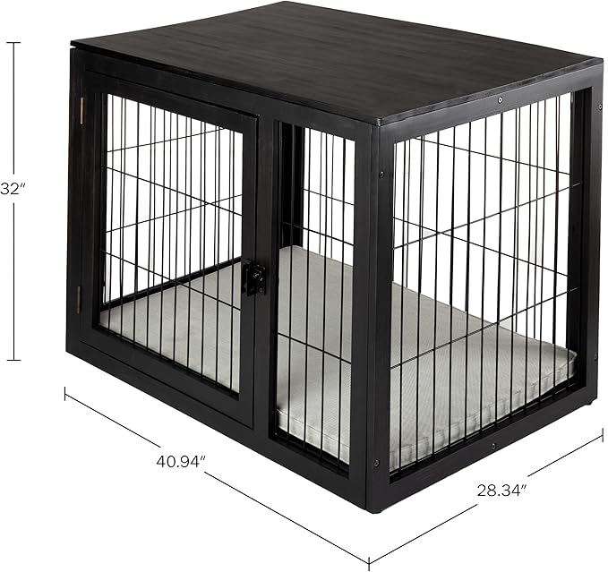 Furniture-Style Dog Crate - Acacia Wood Kennel for Large Dogs with Double Doors and Cushion - Dog Kennel Furniture by PETMAKER (Black)