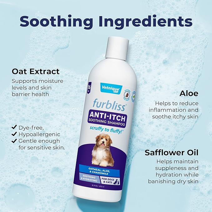 Vetnique Labs Furbliss Anti-Itch Soothing Oatmeal Shampoo 16oz & Furbliss Dog Brush for Long Hair Pets Bundle Anti-Itch Oatmeal Shampoo for Dogs with Grooming Dog Brush for Long-Haired Dogs & Cats