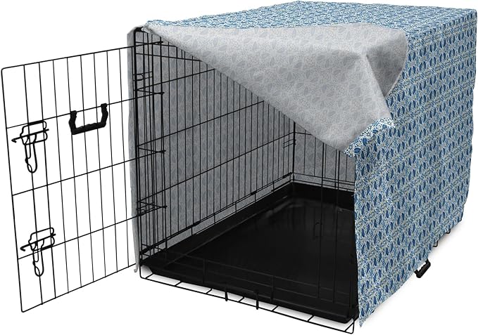 Lunarable Yellow and Blue Dog Crate Cover, Portuguese Traditional Tiles Abstract Mosaic Floral Swirl Motifs, Easy to Use Pet Kennel Cover for Medium Large Dogs, 42 Inch, Blue Orange Yellow