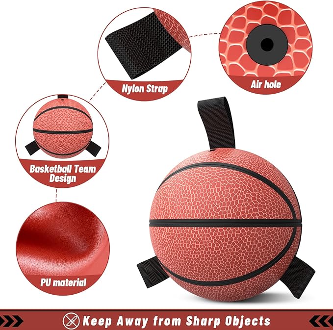 QDAN Dog Ball Basketball Toys - Balls for Dogs with Straps, Dog Toys for Tug of War, Dog Water Toy Pool Toys for Small Medium Dogs, Dog Birthday,Red(6 Inch)