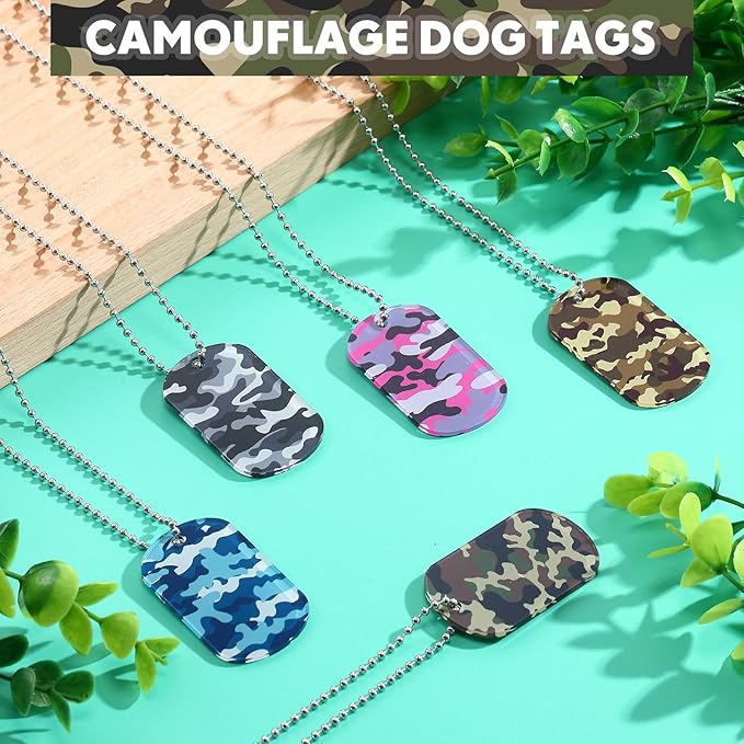 Wonderjune 60 Pack Dog Tag Necklaces Acrylic Dog Tags Military Dog Tags Party Supplies Dog Tags Bulk Include 30 Pcs Dog Tags with 30 Pcs 70cm Long Chains for Soldier Men Dogs(Camouflage)
