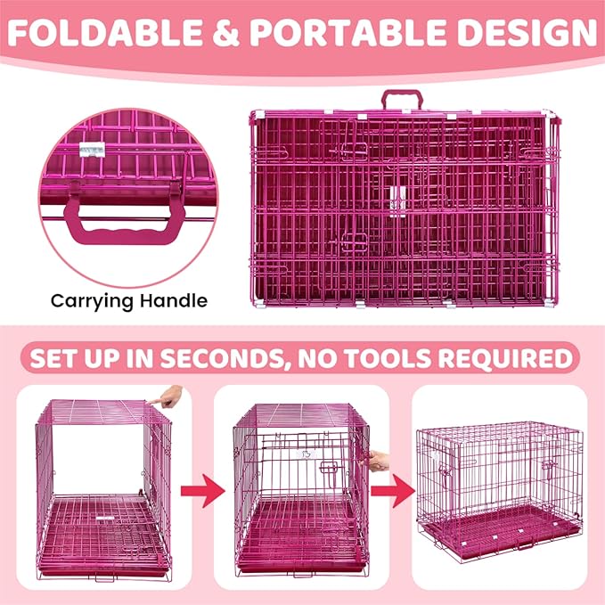 Homey Pet Dog Crates for Medium Dogs, 30 Inch Dog Cage for Small Dogs, Collapsible Nano-Coating Metal Wire Small Dog Kennel Indoor with Removable Floor Grid Tray, Double Doors, GOLD30+PINK30 Bundle