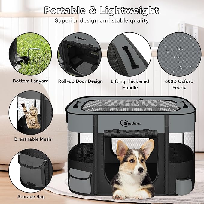 Dog Cat Playpen28/31/35in, Pet Puppy Portable Pens for Outdoor Travel Crate, Indoor After Surgery Use, Foldable Dog Kennel Tent for Rabbit or Small Animals and Tent Stakes (Dark Grey, Small)