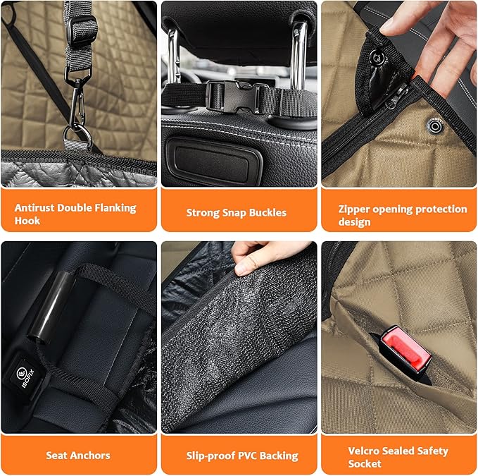 URPOWER 6 in 1 Dog Car Seat Cover, 60/40 Split Dog Seat Cover for Back Seat 100% Waterproof Dog Car Hammock Nonslip Backseat Dog Cover with Mesh Window Pet Seat Protector for Cars, Trucks and SUVs