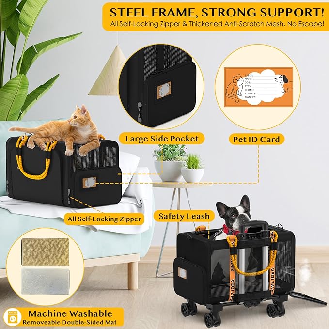 PAWZIDEA Cat Carrier with Wheels 18X11X11 TSA Airline Approved Cat Carrier for 2 Cats Under Seat Rolling Cat Carrier Travel Bag with Telescopic Handle, Shoulder Strap as Dog Leash, Black
