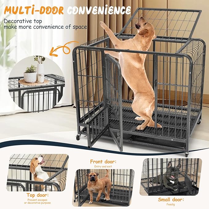 37 Inch Dog Crates for Small Medium Dogs Pets Indoor, Indestructible Enhanced Cage Kennel with 3 Doors, Lockable Wheels and Removable Tray, Heavy Duty Escape Proof Carrier, 37 x 25 x 33 Inch