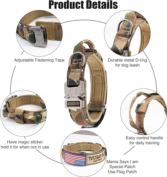 KCUCOP Tactical Dog Collar - Heavy Duty Dog Collar with Handle and Metal Buckle, Military Thick Dog Collars for Medium and Large Dogs(Upgrade Camo-M, 2 Patches)