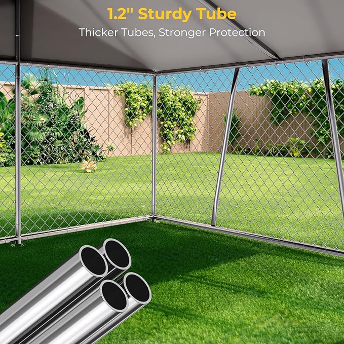 10 x 10FT Large Outdoor Dog Kennel with Bowls, Dog Kennel Outside with Waterproof Cover Roof, Galvanized Heavy Duty Chain Link Dog Runs Cage Playpen for Outside with Secure Lock