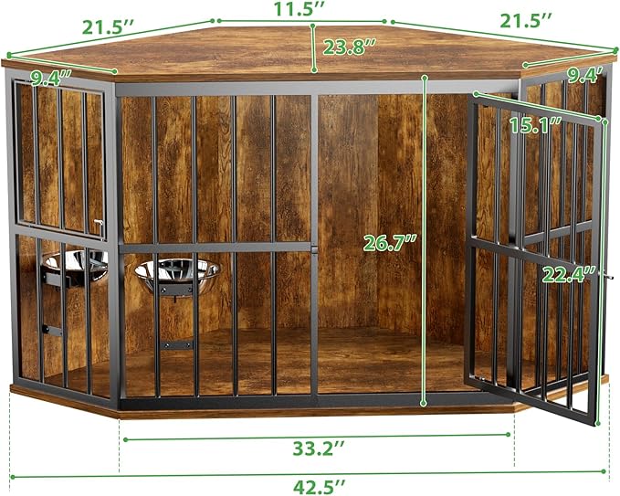 Medium Dog Crate Furniture, 42โ Heavy Duty Corner Dog Crate with 2 Stainless Steel Bowls, Dog Kennel Furniture Style House, Wooden Decorative Pet House End Side Table, Chew-Resistant, Rustic