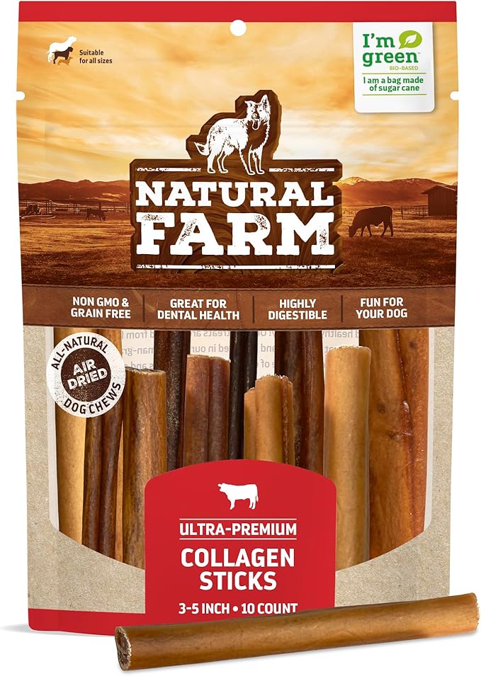 Natural Farm Collagen Dog Chews (3-5โ, 10 Units), Odor-Free Long Lasting Bully Sticks & Rawhide Alternative Dog Treats, 95% Collagen Low Fat, High Protein Best Dental Dog Treats โ Small & Medium Dogs
