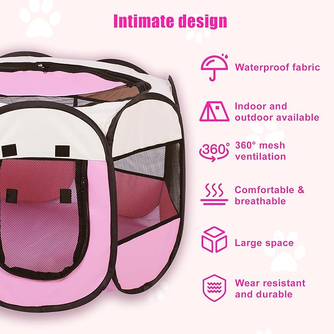 Portable Dog Playpen, Pet Play Pen for Indoor Outdoor Cat, Adult Kitten/Puppy Exercise Playpen Tent Birthing Box, Waterproof Travel Dog Camping Cage for Medium Large Dog Animal House (Pink)