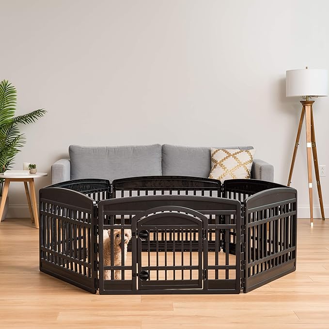 IRIS 24'' 4 Panel Pet Playpen with Door, Black with IRIS 24'' 2 Panel Pet Playpen Add-On, Black