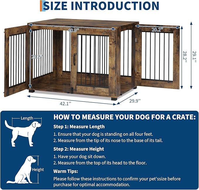 42.1" Dog Crate Furniture, Wooden Kennel with Locking Double Doors, Chew-Resistant Indoor Pet Cage End Table for Large Breeds, Brown