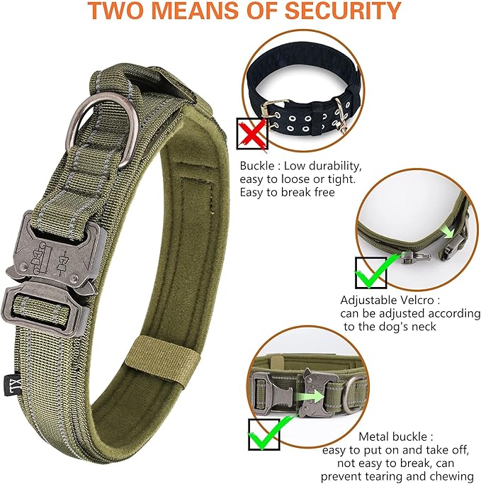 KCUCOP Tactical Dog Collar, Heavy Duty Dog Collar with Handle and Metal Buckle, Military Thick Dog Collars for Medium and Large Dogs(Green-L-Reflective, 1 Patch)