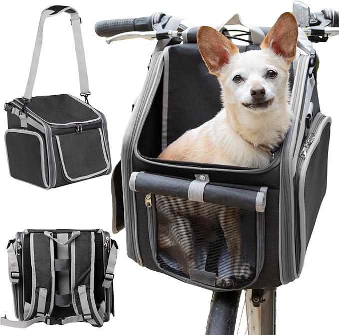 Dog Bike Basket, Mesh Windows, 2 Safety Leashes, Soft Sided, Safe Comfortable Pet Carrier for Small Dogs, Cats (Black)