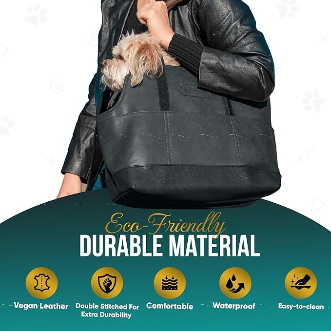 Luxury Dog Purse Carrier for Small Dogs, Faux Leather Pet Carrier Purse, Secure Harness Clip, Dog Tote Bag Carrier for Small Dogs and Puppies - Black