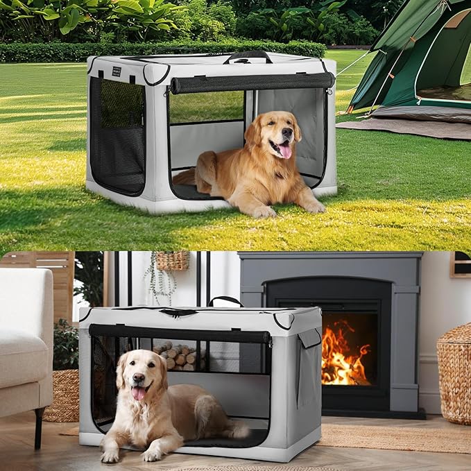 PETSFIT Collapsible Dog Crate, Soft Dog Crate - 40 Inch Easy Set-up, Light, Sturdy, Comfy Inside with Thicken Mat, Portable Kennel for Home and Travel Light Grey