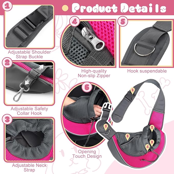 YUDODO Pet Dog Sling Carrier Mesh Hand Free Adjustable Dog Satchel Carrier Bag Papoose Crossbody for Small Medium Dog Cat Rabbit (S(up to 5 lbs), Pink)