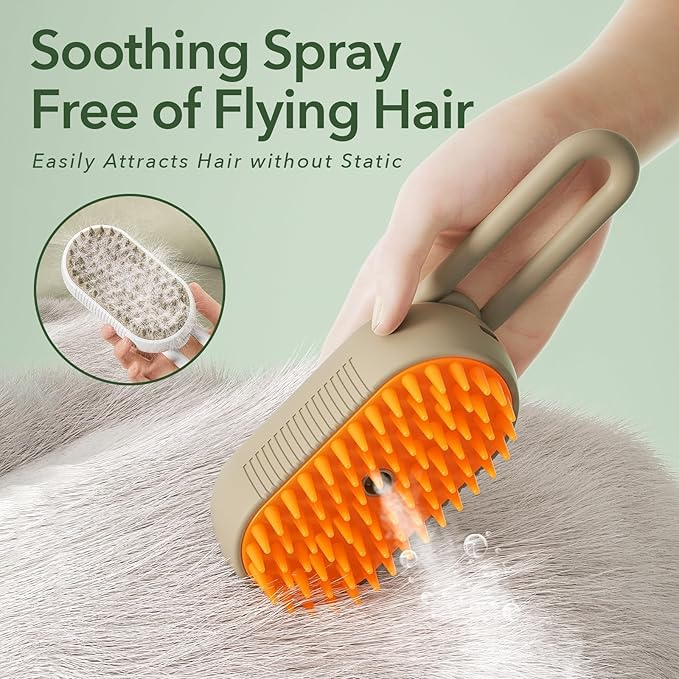 Improved Spray Pet Grooming Brush for Dogs & Cats, 3-in-1 Design: Hair Remover, Cleaning Brush and Massaging, Water Steam Brush for Shedding for indoor Hair Cats, Dogs and Rabbits. (Beige)