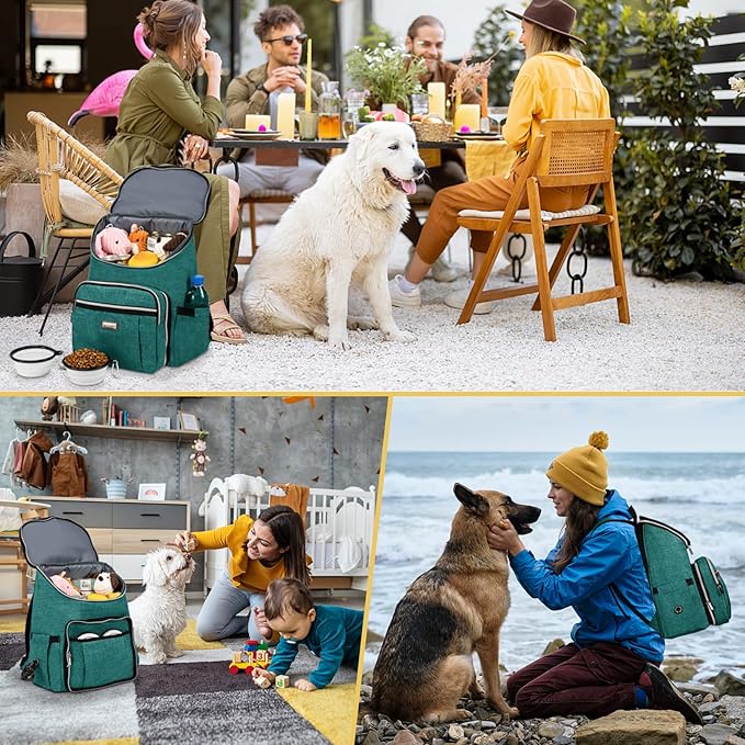 BAGLHER Travel Dog Backpack - Detachable Travel Dog Food Container for Pet Supplies Dog Gear Backpack,Dog Bag for Traveling with 2 Silicone Collapsible Bowls and 2 Food Baskets Green