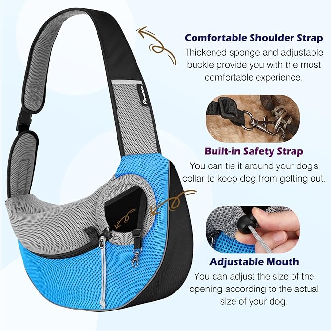 Pawaboo Pet Dog Sling Carrier, Hand Free Drawstring Dog Papoose with Adjustable Strap, Breathable Mesh Bag for Puppy Cat, Crossbody Satchel Dog Purse with Pocket for Outdoor Travel, Light Blue, Medium