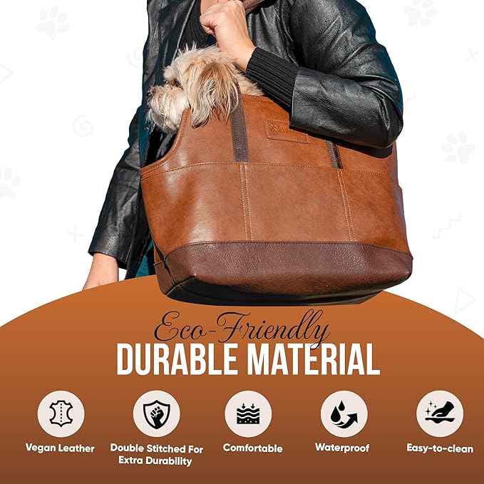 Luxury Dog Purse Carrier for Small Dogs, Faux Leather Pet Carrier Purse, Secure Harness Clip, Dog Tote Bag Carrier for Small Dogs and Puppies - Brown