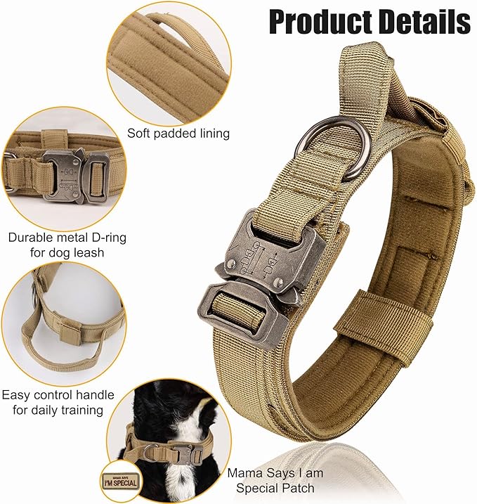 KCUCOP Tactical Dog Collar with Handle,Adjustable Military Dog Collar with Metal Buckle and Patches,Heavy Duty Dog Collars for Medium Dogs (Brown-M)