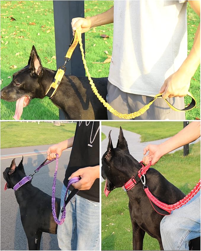 AUBELL Tactical Dog Collar and Leash Set, Adjustable Military Nylon Reflective Dog Leash and Collar with Handle and Heavy Metal Buckle for Medium Large Dogs, with Airtag Case and 2 Patches(Yellow, L)