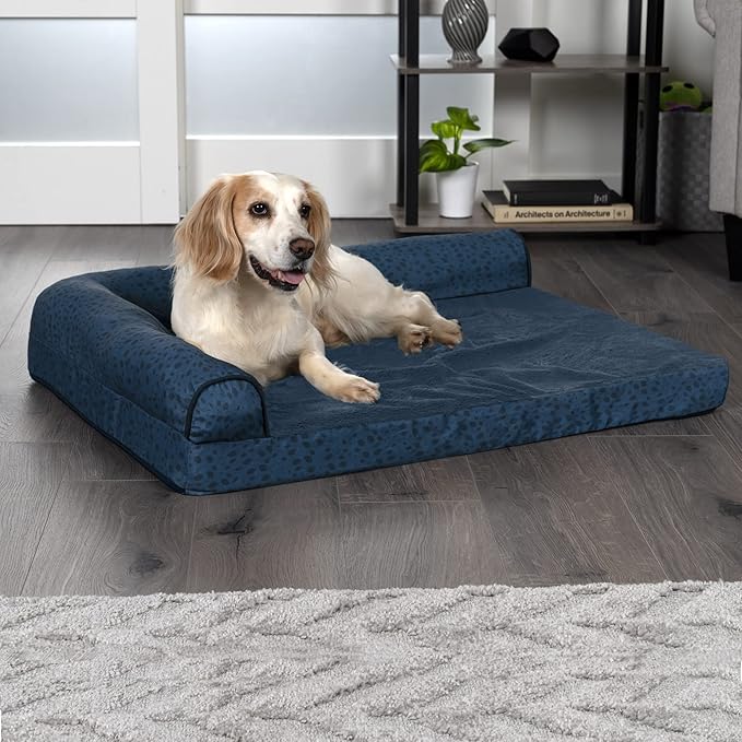 Furhaven Memory Foam Dog Bed for Large/Medium Dogs w/ Removable Bolsters & Washable Cover, For Dogs Up to 55 lbs - Plush & Almond Print L Shaped Chaise - Blue Almonds, Large