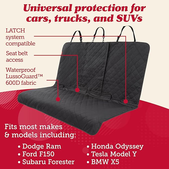 Lusso Gear Dog Car Seat Cover for Back Seat - Waterproof Dog Seat Cover for Back Seat - Non-Slip Back Seat Cover Stays in Place - Black Rear Seat Cover for Car, Truck and SUV - Car Seat Protector