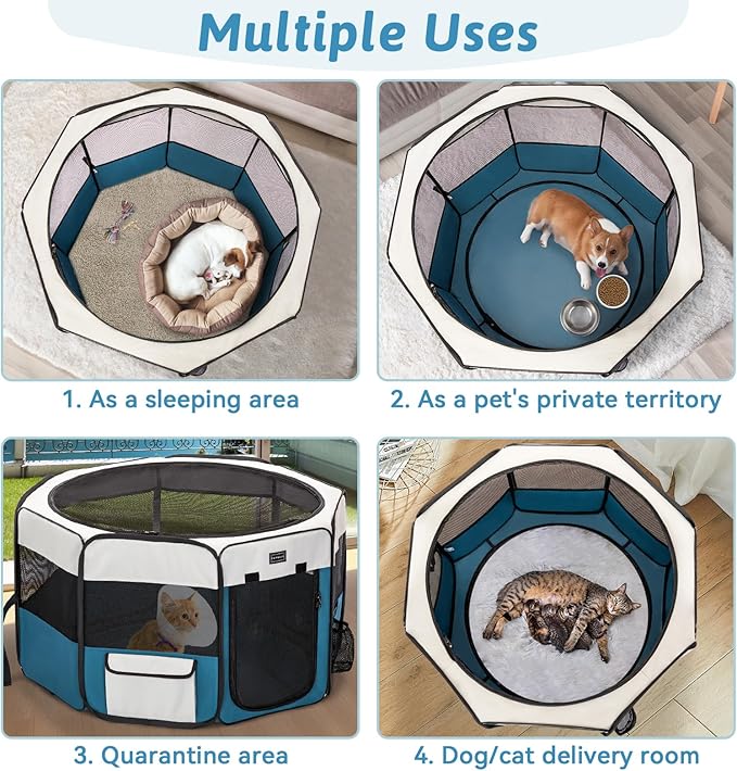 PETSFIT Dog Play Pen,36" Dia Dog Playpen Indoor/Outdoor, Pet Playpen for Cats Puppies&Small Animals-Removable Zipper Mesh Top Cover& Leakproof Bottom(36"x36"x21"H)
