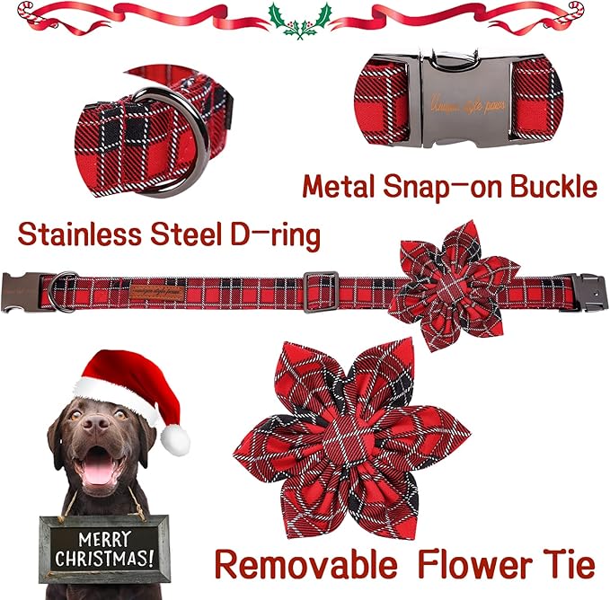 Unique style paws Christmas Dog Collar with Flower Tie Red Black Grid Cotton Collar Adjustable Puppy Plaid Collar for Small Medium Large Dogs-XL