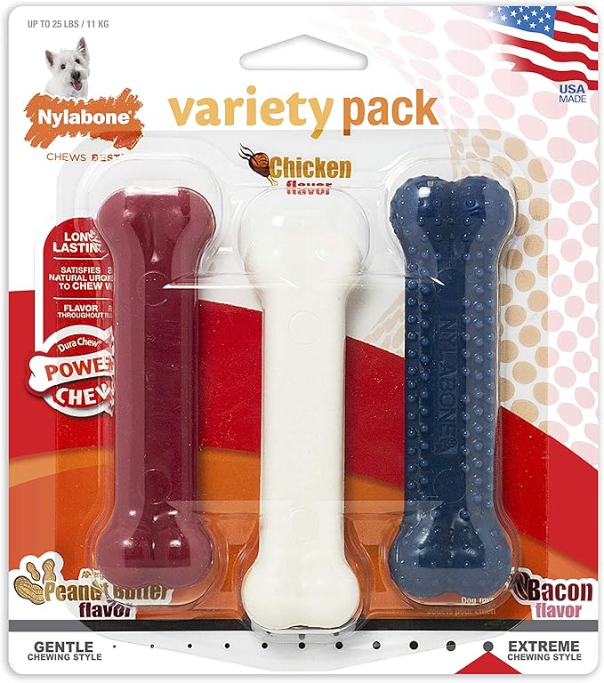Nylabone Power Chew Classic Bone Chew Toy for Dogs, Durable Dog Toys for Aggressive Chewers, Variety Pack, Regular - Up to 25 Ibs. (3 Count)