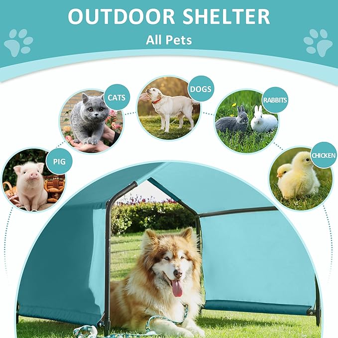 Dog Shade Shelter Outdoor Teal Tent for Large Medium Dogs, 4'x4'x3' Outside Sun Rain Canopy Pet House for Cats Pigs Livestock with Waterproof Roof Ground Nails