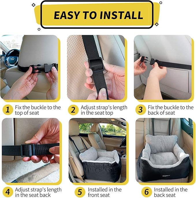 BurgeonNest Dog Car Seat for Small Dogs, Fully Detachable and Washable Dog Carseats Small Under 25, Soft Dog Booster Seats with Storage Pockets and Clip-On Leash Portable Dog Car Travel Carrier Bed