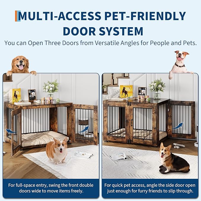 42.1" Dog Crate Furniture, Wooden Kennel with Locking Double Doors, Chew-Resistant Indoor Pet Cage End Table for Large Breeds, Brown