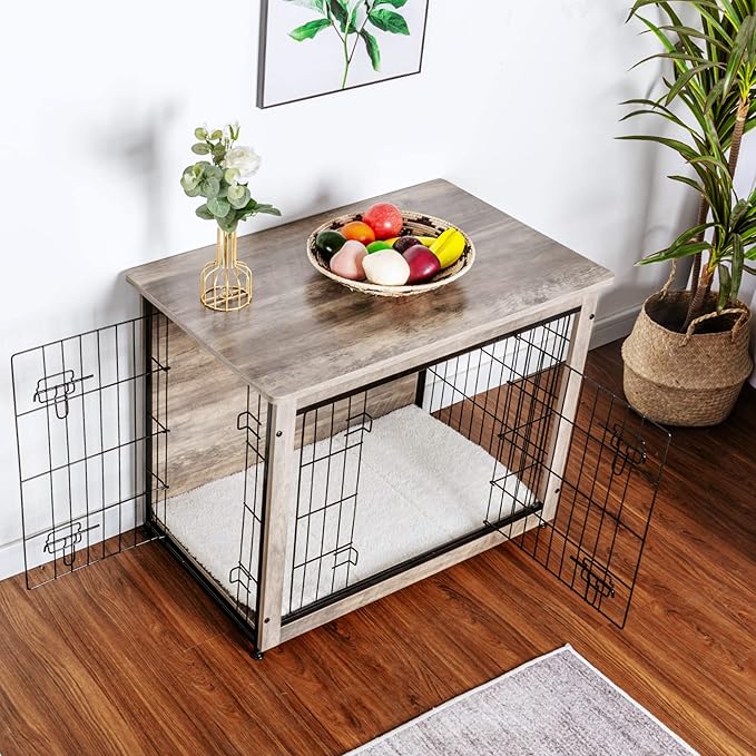 DWANTON Dog Crate Furniture with Cushion, Wooden Dog Crate with Double Doors, Dog Furniture, Indoor Dog Kennel,End Table, Medium, 32.5" L, Greige