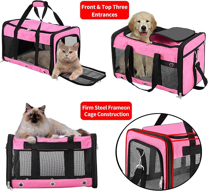 Soft Sided Cat/Dog Carrier,Collapsible Pets Travel Carriers for Pet/Puppy with Shoulder Strap & Removable Mat,Mesh Top Load Small Dogs/Cats Carry Bag Up to 17 Lbs TSA Airline Approved(Pink,M)