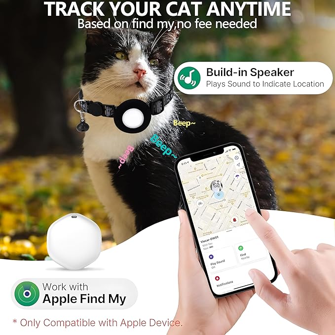 GPS Tracker for Cats, Mini GPS Pet Tracker with Collar, IPX8 Waterproof Cat Tracker Collar,No Monthly Fee,Work with Apple Find My(iOS Only),Smart Tracker for Pets(Black)