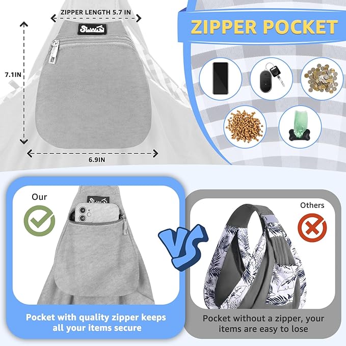 Lukovee Pet Sling, Hand Free Dog Sling Carrier Adjustable Padded Strap Tote Bag, Shoulder Bag with Safety Belt & Front Pocket for Small Dog Cat Puppy (Grey-WY,S)