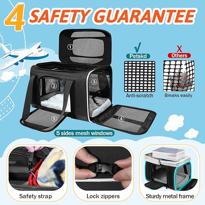 Petskd Top-Expandable Pet Carrier with Wheels 18x13x9.5 Inches Southwest Allegiant Airline Approved, Soft-Sided Carrier for Small Cats Dogs with Locking Safety Zippers and Anti-Scratch Mesh(Black)