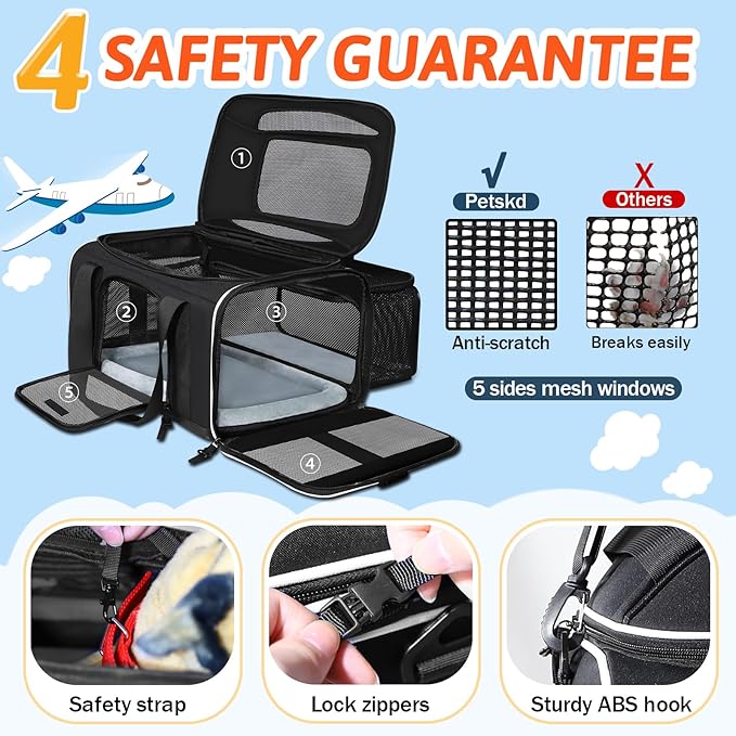 Petskd Top and Side Expandable Pet Carrier 17x11x9.5 Inches Alaska Airline Approved, Soft-Sided Carrier for Small Cats and Dogs with Locking Safety Zippers and Anti-Scratch Mesh(Black)