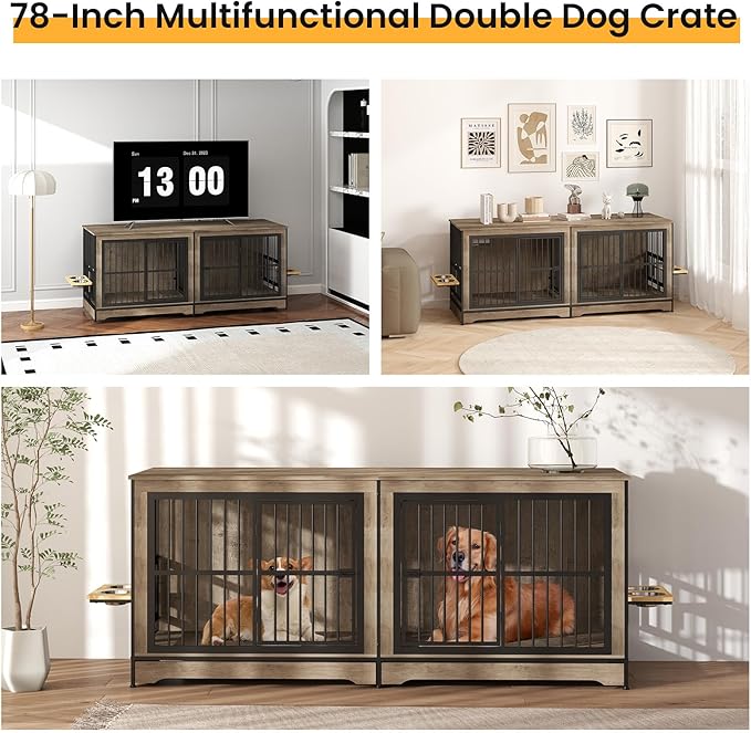 78'' Double Dog Crate Furniture, XL Double Dog Kennel with 360° Rotating and Adjustable Height Dog Bowl Holder (4 Bowls), Grey Furniture Kennel with Divider for Small Medium Large Dogs