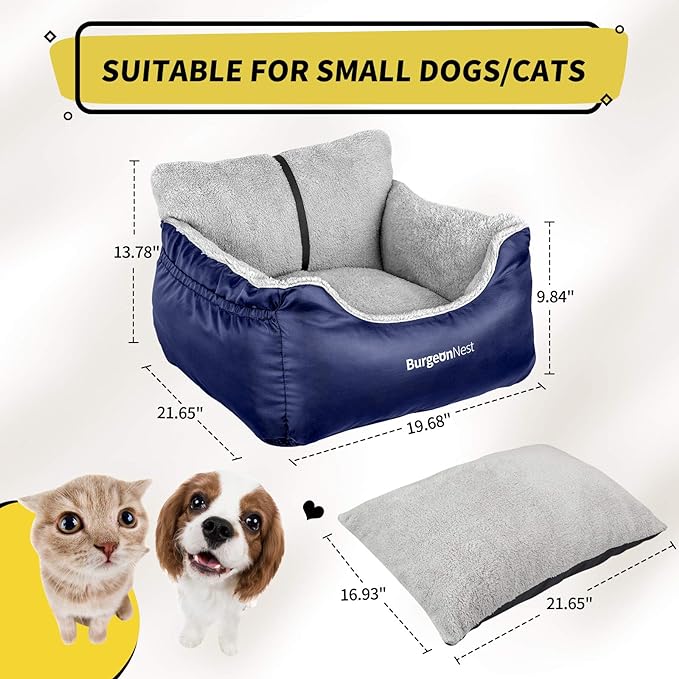 BurgeonNest Dog Car Seat for Small Dogs, Fully Detachable and Washable Dog Carseats Small Under 25, Soft Dog Booster Seats with Storage Pockets and Clip-On Leash Portable Dog Car Travel Carrier Bed