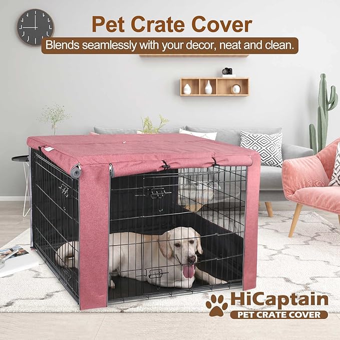 HiCaptain Pink Dog Crate Cover for 48 Inches Wire Crates, Heavy-Duty Polyester Indoor Dog Kennel Cover Universal Fit for 1 2 Doors Standard Metal Cage (Upgrade Two-Tone Pink)