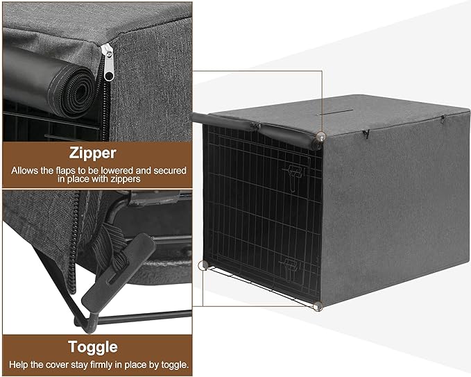 HiCaptain 48 inch Dog Crate Cover with Card Pocket, Heavy Duty Polyester Windproof Pet Kennel Cover Universal Fit for 1 or 2 Doors Standard Wire Crate (Grey)